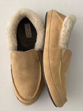 OLUKAI Ku'una Leather Shearling Slip-On Drop-in-Heel Slipper/Shoes Tan Size 9